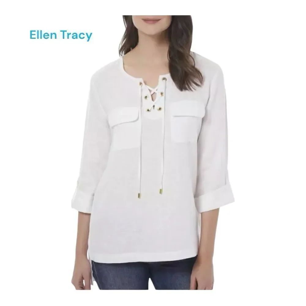 Ellen Tracy Company lace up front Chalk White Linen tunic SHIRT
